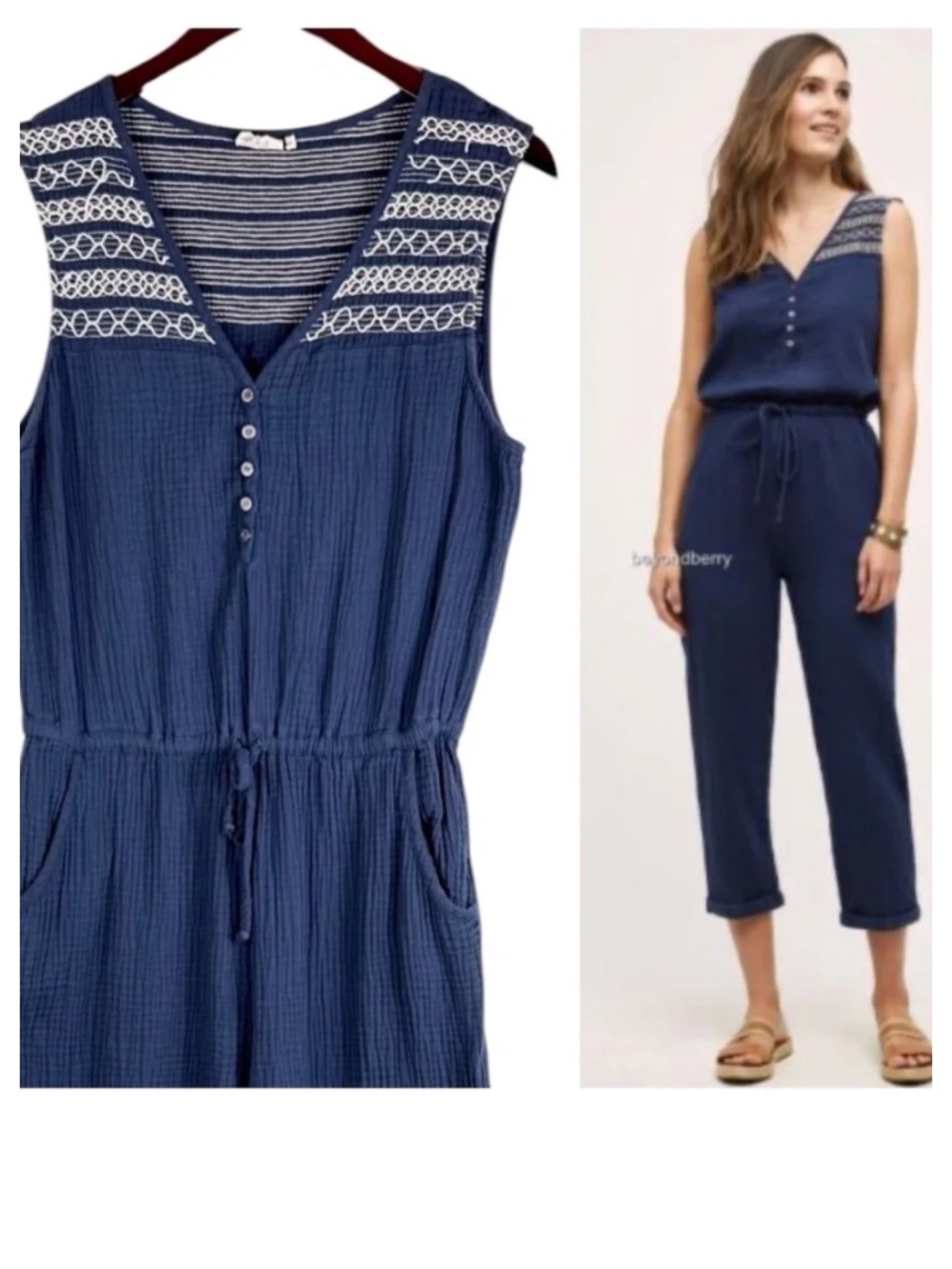 Anthropologie Lilka Sz XL 14 16 Jumpsuit Embroidered Navy Blue Slvlss. Gauze - Picture 1 of 4